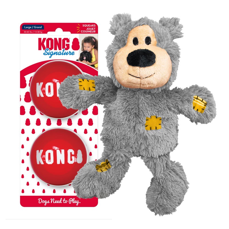KONG Wild Knots Bear & Signature Balls (2 Pack) - Soft Bear Chew Toy with Rope Interior - Durable Dog Balls for Fetch - for Large Dogs - Image 1